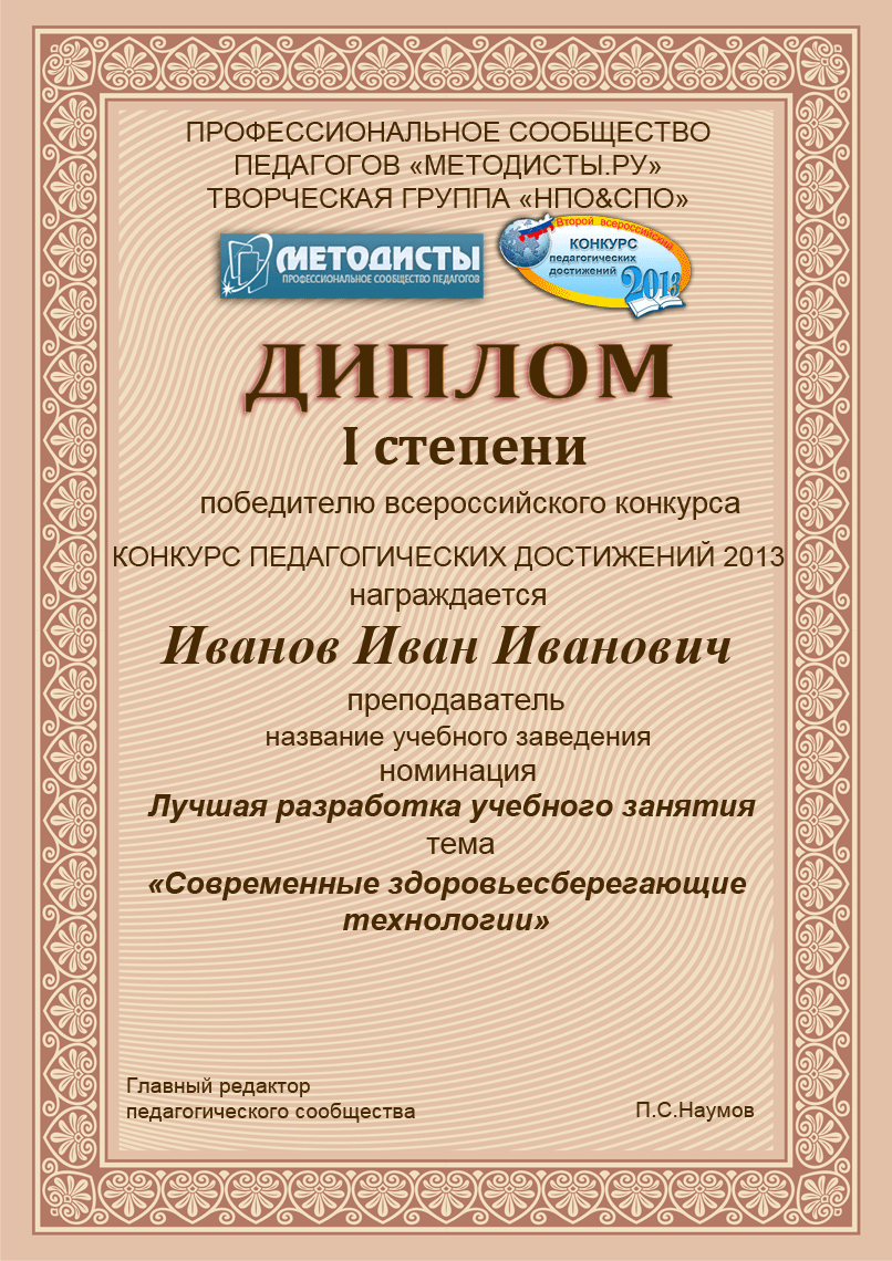 Диплом Победителя Конкурса Образец